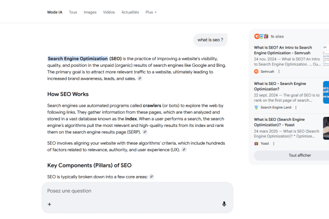 Réponse générée par l'AI Overview de Google en haut de la page des résultats